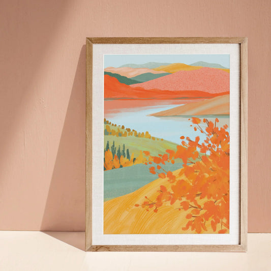Art Print of an autumn landscape with mountains and a winding river in warm fall colors.