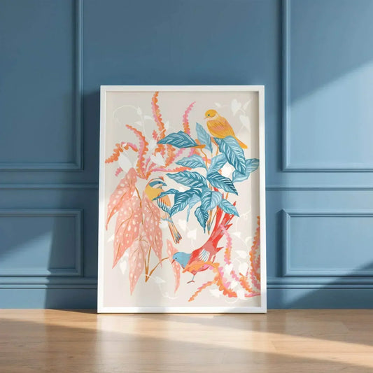 Warm and colorful illustration of whimsical birds with coral and teal foliage – nature-inspired art print creating a tranquil atmosphere for modern home decor