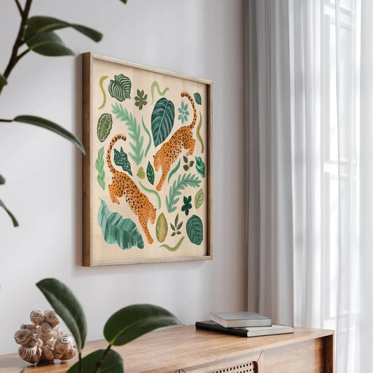 Illustration of two jaguars surrounded by lush foliage – vibrant and nature-inspired animal art print for modern home decor