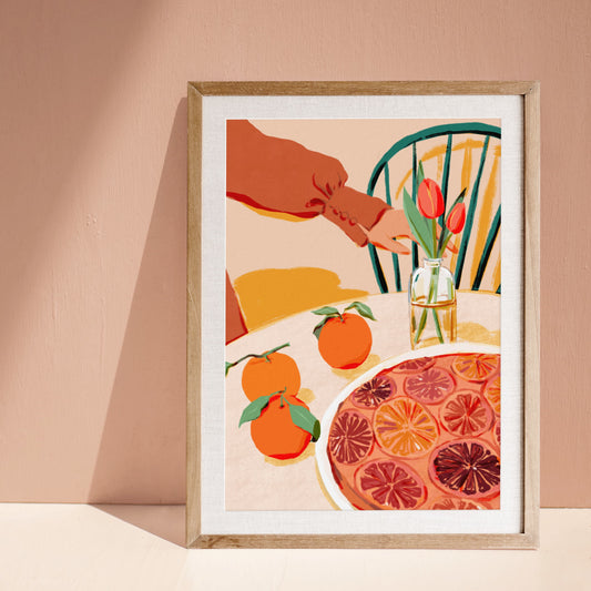 Still life artwork of a citrus cake on a table with fresh oranges, in warm autumn tones.