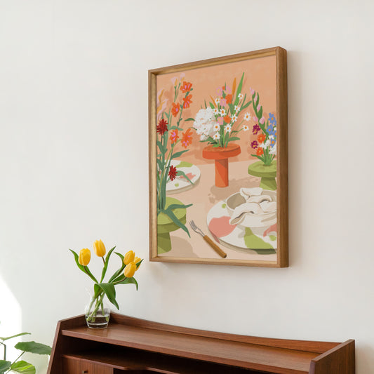 Still life artwork of coral, peach, and white flowers arranged on a tabletop with olive green accents.