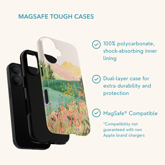 Phone case with a scenic design of mountains and flowers by Sun Lee