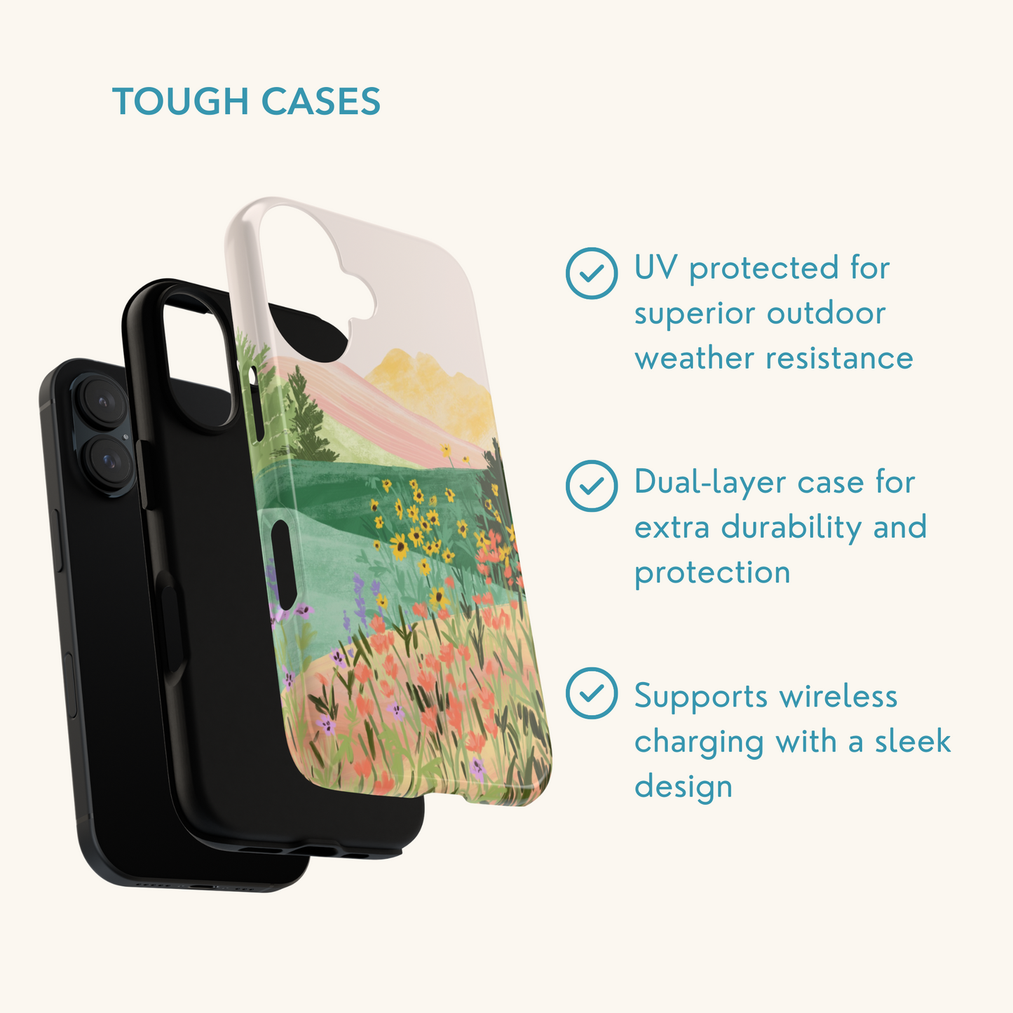 Tough Phone case with a scenic design of mountains and flowers by Sun Lee