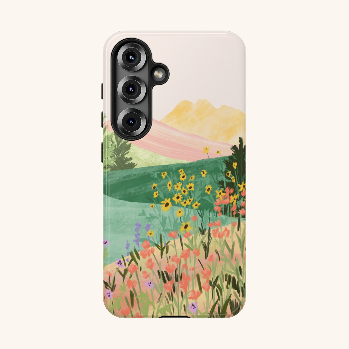 Tough Phone case with a scenic design of mountains and flowers by Sun Lee