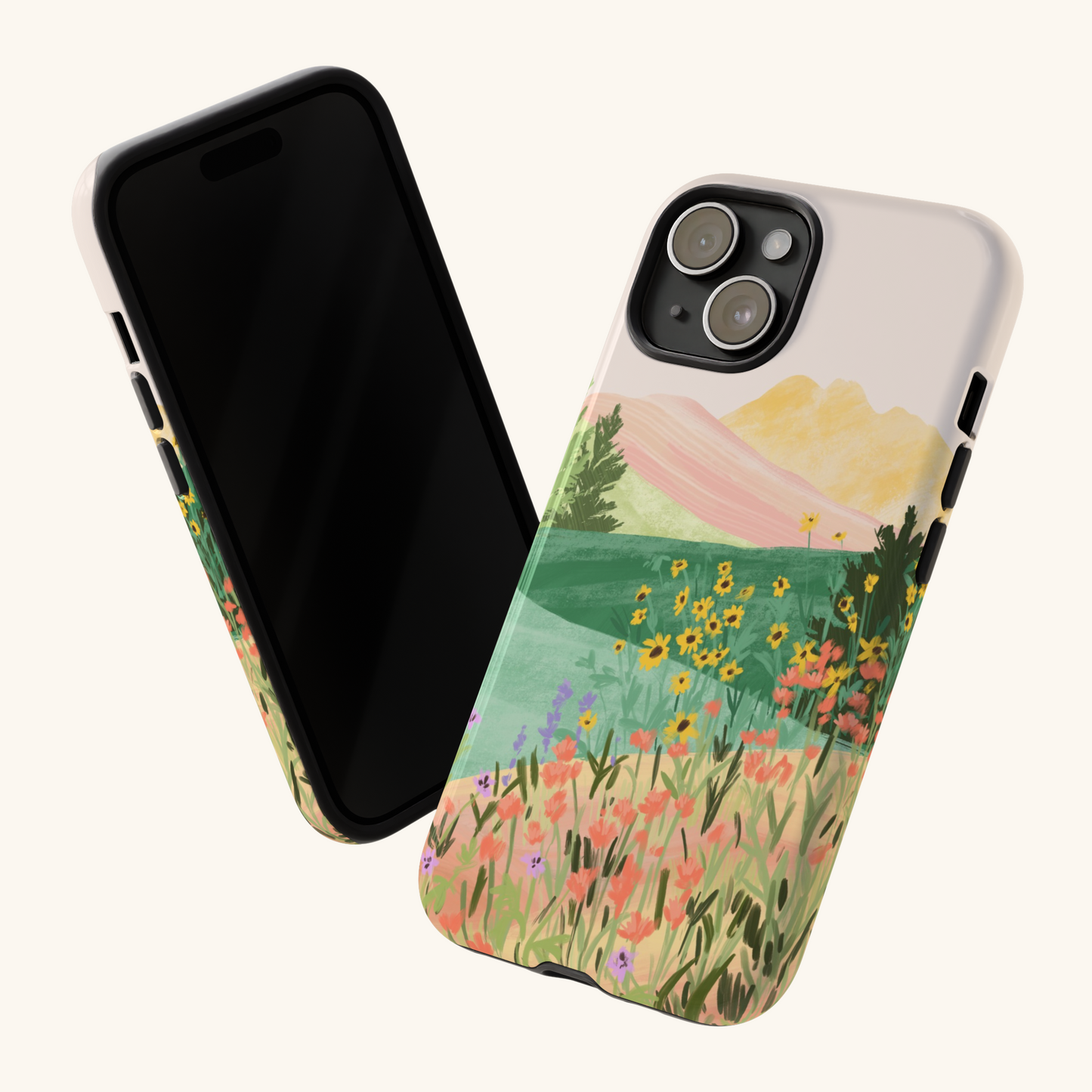 Tough Phone case with a scenic design of mountains and flowers by Sun Lee