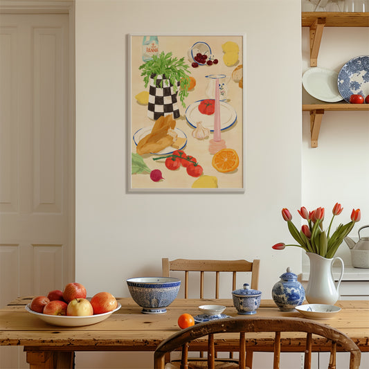 Vintage-style art print with Mediterranean ingredients on a soft beige tabletop.