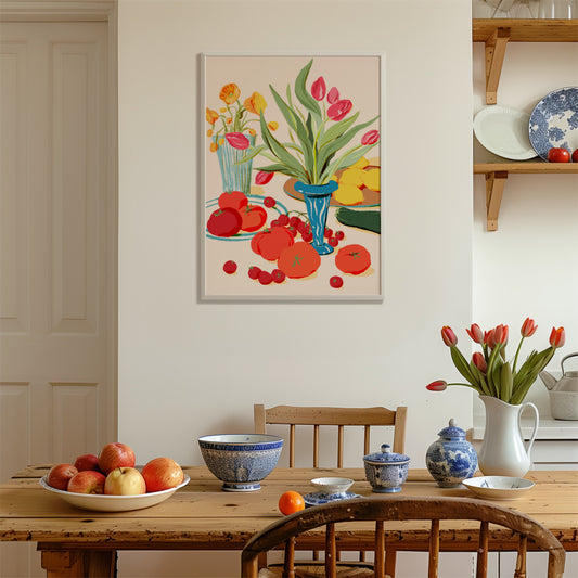 Colorful kitchen still life featuring seasonal vegetables and vibrant spring flowers.