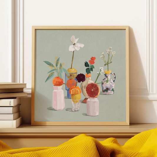 Framed artwork of colorful still life with flowers and fruits on a shelf.