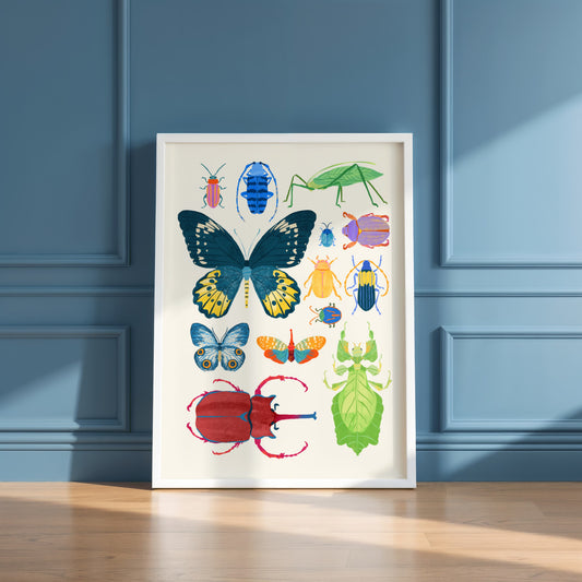 Framed artwork of colorful insects on a blue paneled wall.