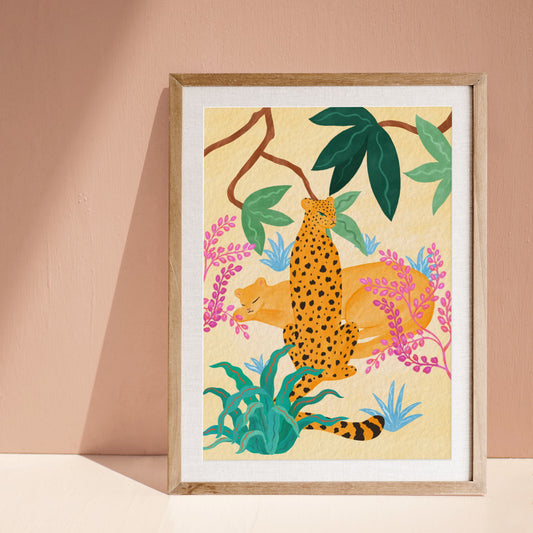 Two sleek panthers surrounded by whimsical, colorful jungle plants in a playful illustration.