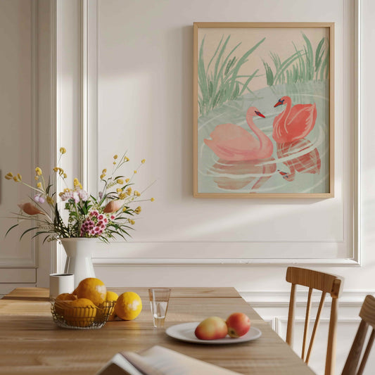 Two pink swans floating peacefully on a calm lake in soft pastel tones.