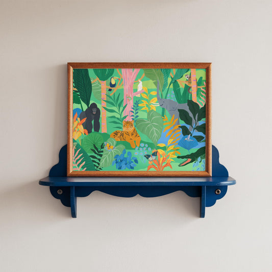 Playful wall art for kids featuring jungle animals like elephants, tigers and monkeys. Vibrant and lively jungle illustration for playroom wall.