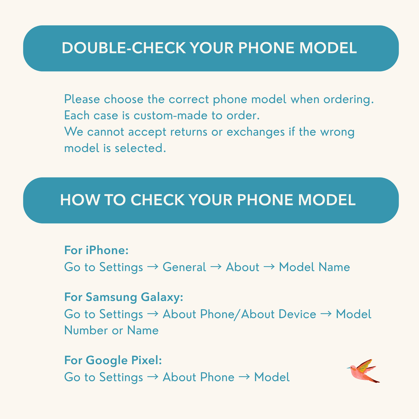 Instructions for double-checking phone model on a white background with blue text boxes.