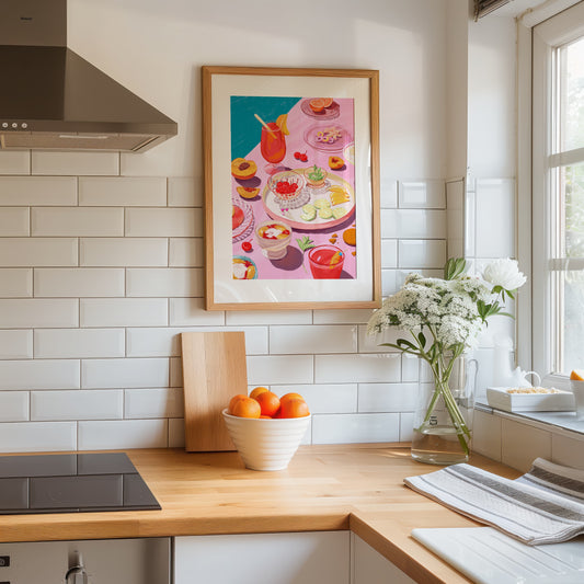 Pink-toned summer illustration of fizzy drinks, sweet treats, and desserts in a cheerful and playful style.