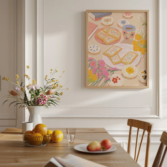 Soft illustration of a cozy table scene with books, flowers, cookies, and desserts topped with edible flowers – titled "Sweet Stillness"
