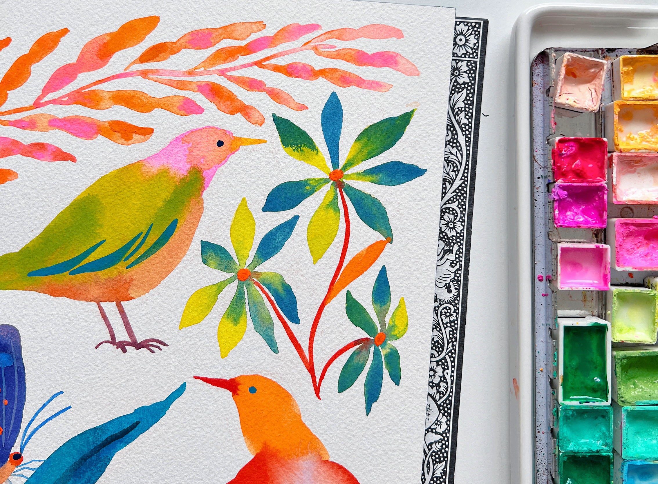Vibrant and joyful illustration of delicate flowers, a graceful bird, and butterflies – spring-inspired nature art print for bright and cheerful home decor