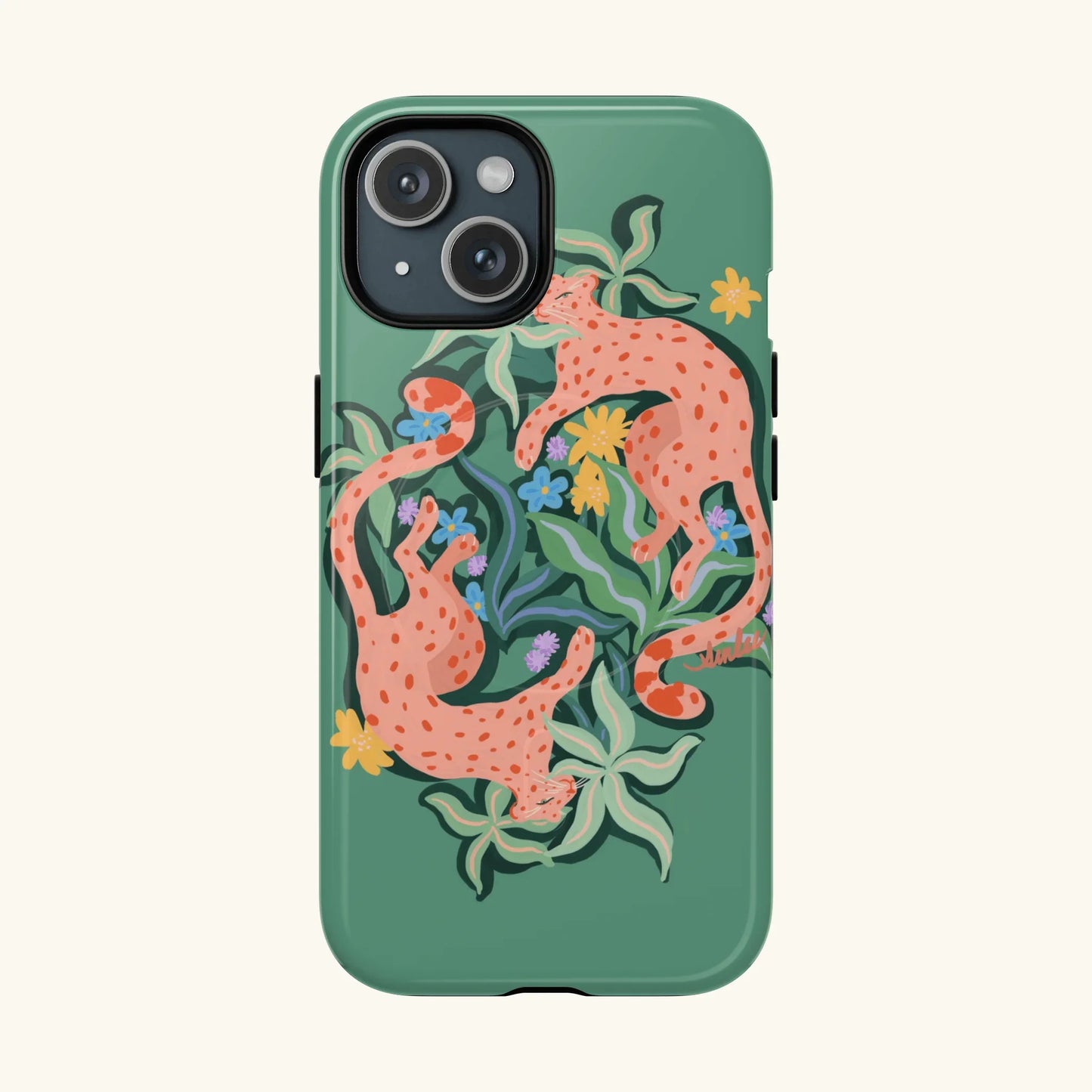 Phone case with leopards and abstract botanicals design on a green background