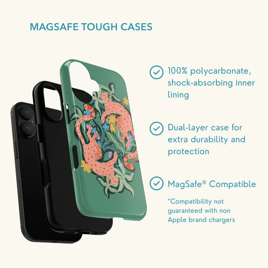 Phone case with leopards and abstract botanicals design on a green background