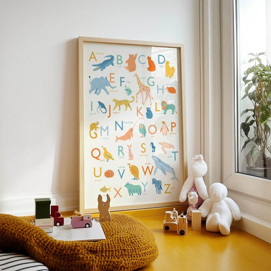 Animal alphabet ABC Giclée print featuring animals representing each letter in soft, neutral tones.