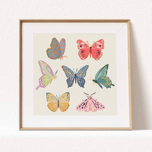 Softly colored butterflies and moths illustrated in a calm, delicate palette.