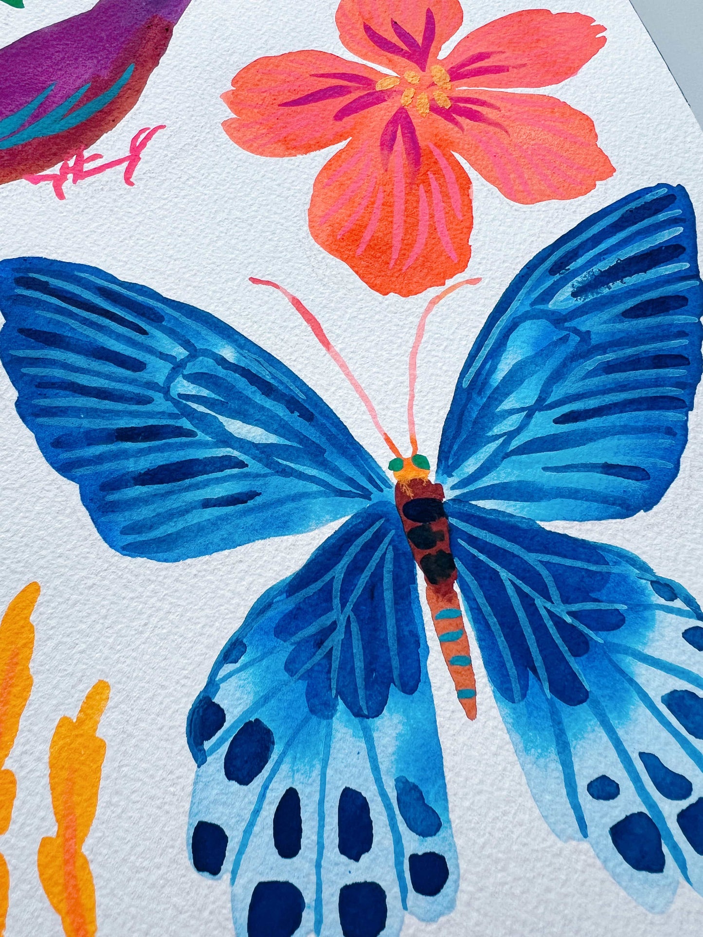 Original gouache, watercolor, and acrylic painting by Sun Lee from the 'Whispers of Spring' collection. This vibrant piece features a whimsical depiction of nature with bright flowers, butterflies, and birds, capturing the energy and beauty of spring. Perfect for nature lovers and those seeking aesthetic watercolor and gouache artwork, bringing joy and color to your space.