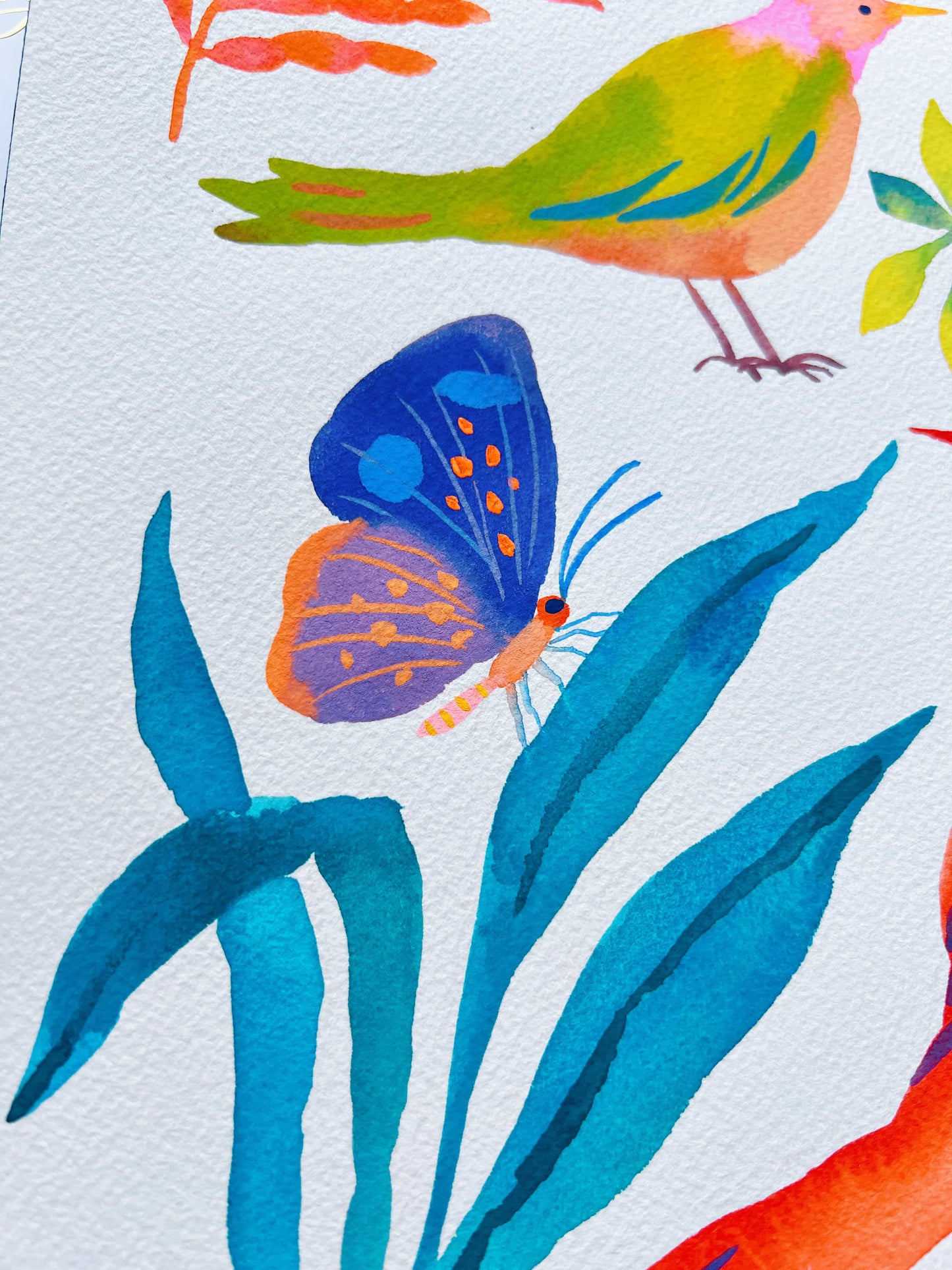 Original gouache, watercolor, and acrylic painting by Sun Lee from the 'Whispers of Spring' collection. This vibrant piece features a whimsical depiction of nature with bright flowers, butterflies, and birds, capturing the energy and beauty of spring. Perfect for nature lovers and those seeking aesthetic watercolor and gouache artwork, bringing joy and color to your space.