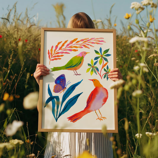High-quality giclée print by Sun Lee from the "Whispers of Spring" collection, featuring vibrant watercolor and gouache painting of flowers, birds, butterflies, and insects. This aesthetic watercolor artwork brings color, joy, and tranquility to any space. Ideal for modern boho, Scandinavian, nature-inspired, eclectic, and minimalist homes—perfect for nurseries and children's rooms.