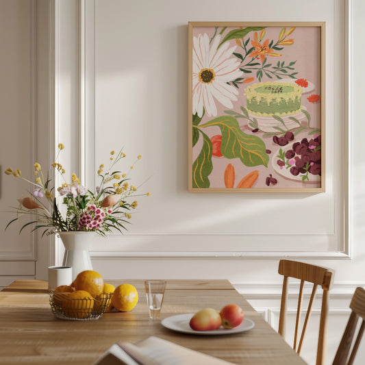 Illustrated still life of a green floral cake surrounded by colorful flowers.