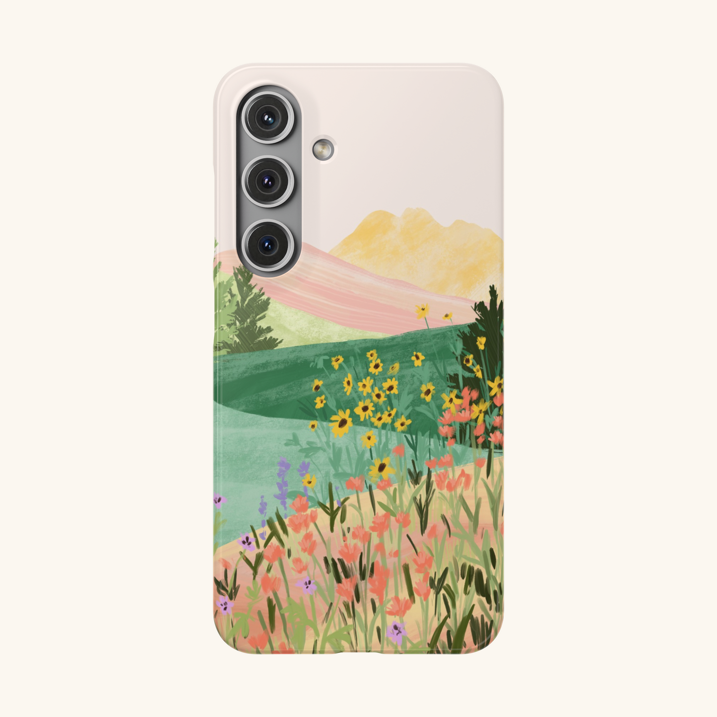 Phone case with a scenic design of mountains and flowers by Sun Lee