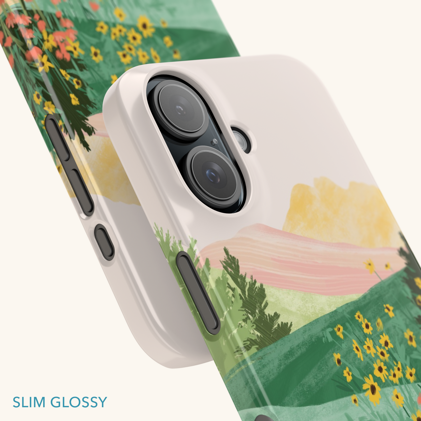 Phone case with a scenic design of mountains and flowers by Sun Lee