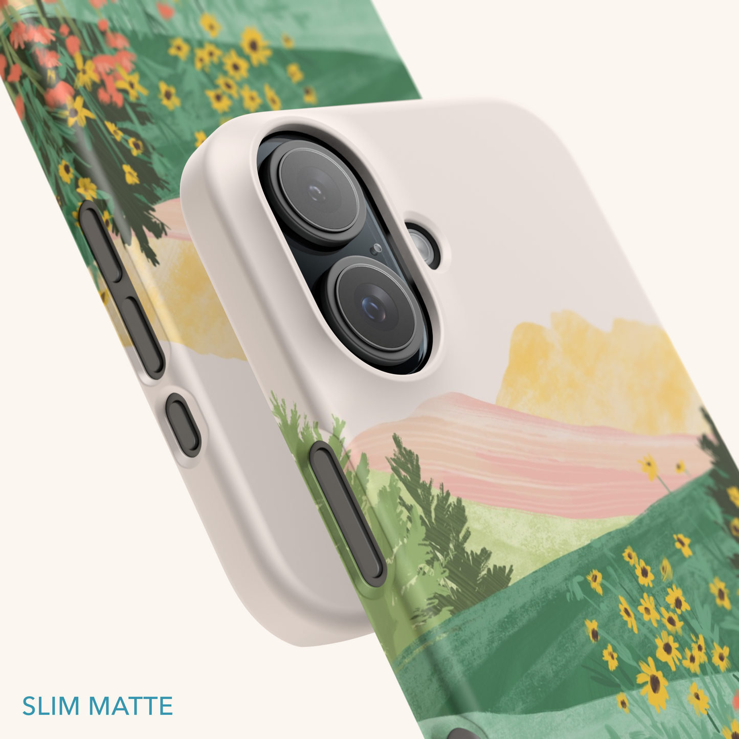 Phone case with a scenic design of mountains and flowers by Sun Lee