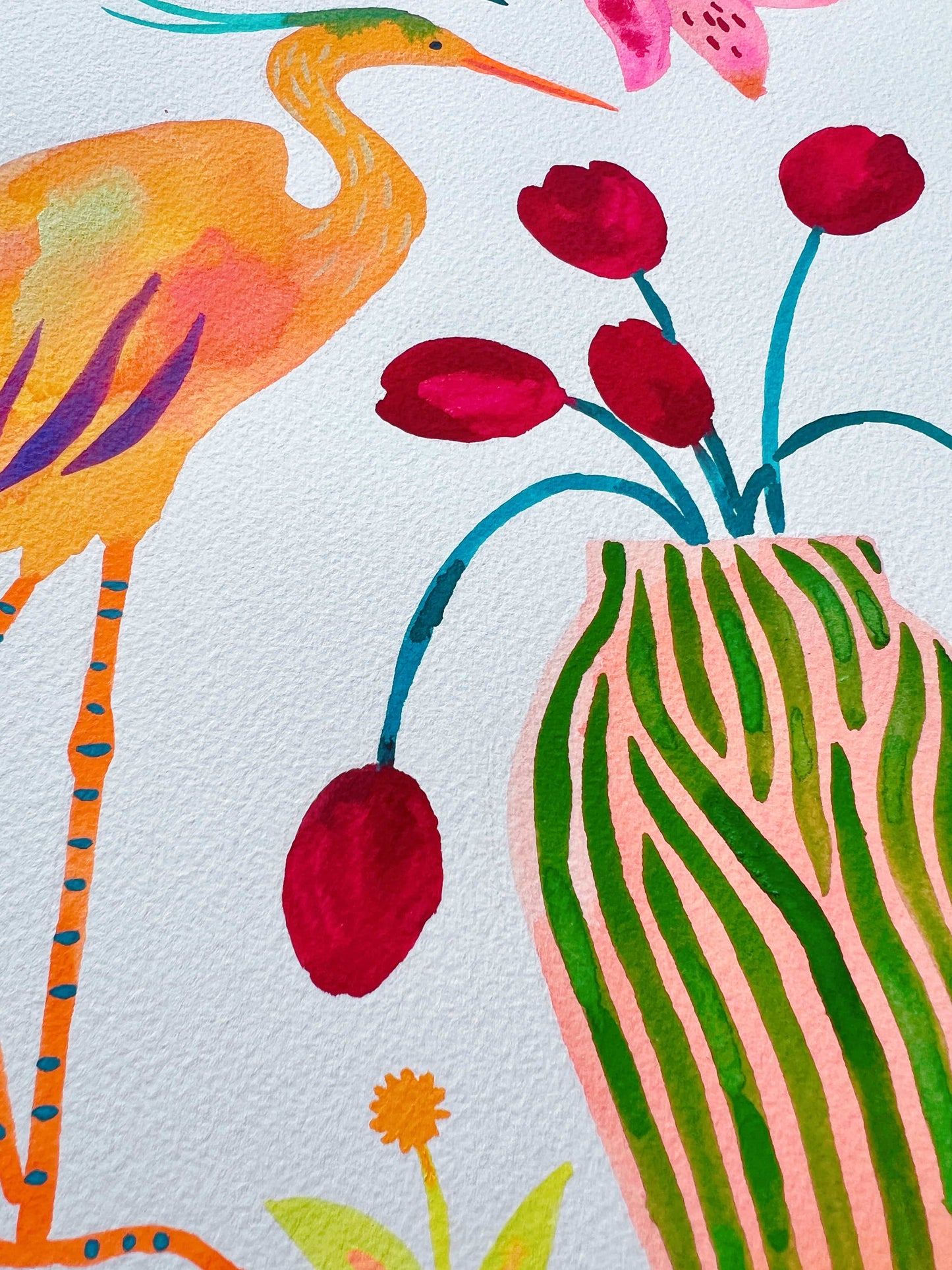 Original gouache, watercolor, and acrylic painting by Sun Lee from the 'Whispers of Spring' collection. This vibrant piece features a whimsical depiction of nature with bright flowers, butterflies, and birds, capturing the energy and beauty of spring. Perfect for nature lovers and those seeking aesthetic watercolor and gouache artwork, bringing joy and color to your space.