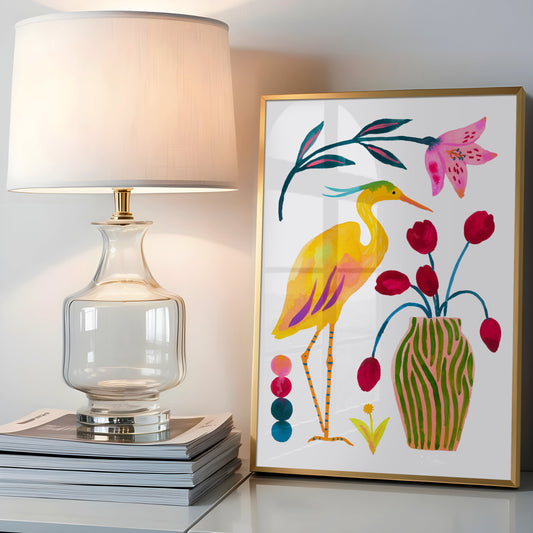High-quality archival giclée art print by Sun Lee from the "Whispers of Spring" collection, featuring vibrant watercolor and gouache illustration of flowers, birds, and butterflies. Perfect for modern boho, Scandinavian, and nature-inspired homes, as well as eclectic and minimalist spaces. Ideal for nurseries and children's rooms, bringing color, joy, and tranquility to any space.