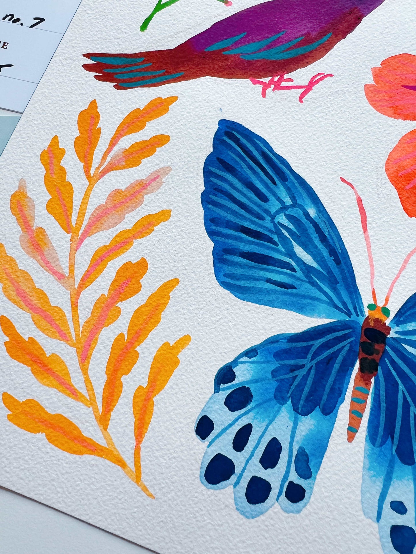 Original gouache, watercolor, and acrylic painting by Sun Lee from the 'Whispers of Spring' collection. This vibrant piece features a whimsical depiction of nature with bright flowers, butterflies, and birds, capturing the energy and beauty of spring. Perfect for nature lovers and those seeking aesthetic watercolor and gouache artwork, bringing joy and color to your space.