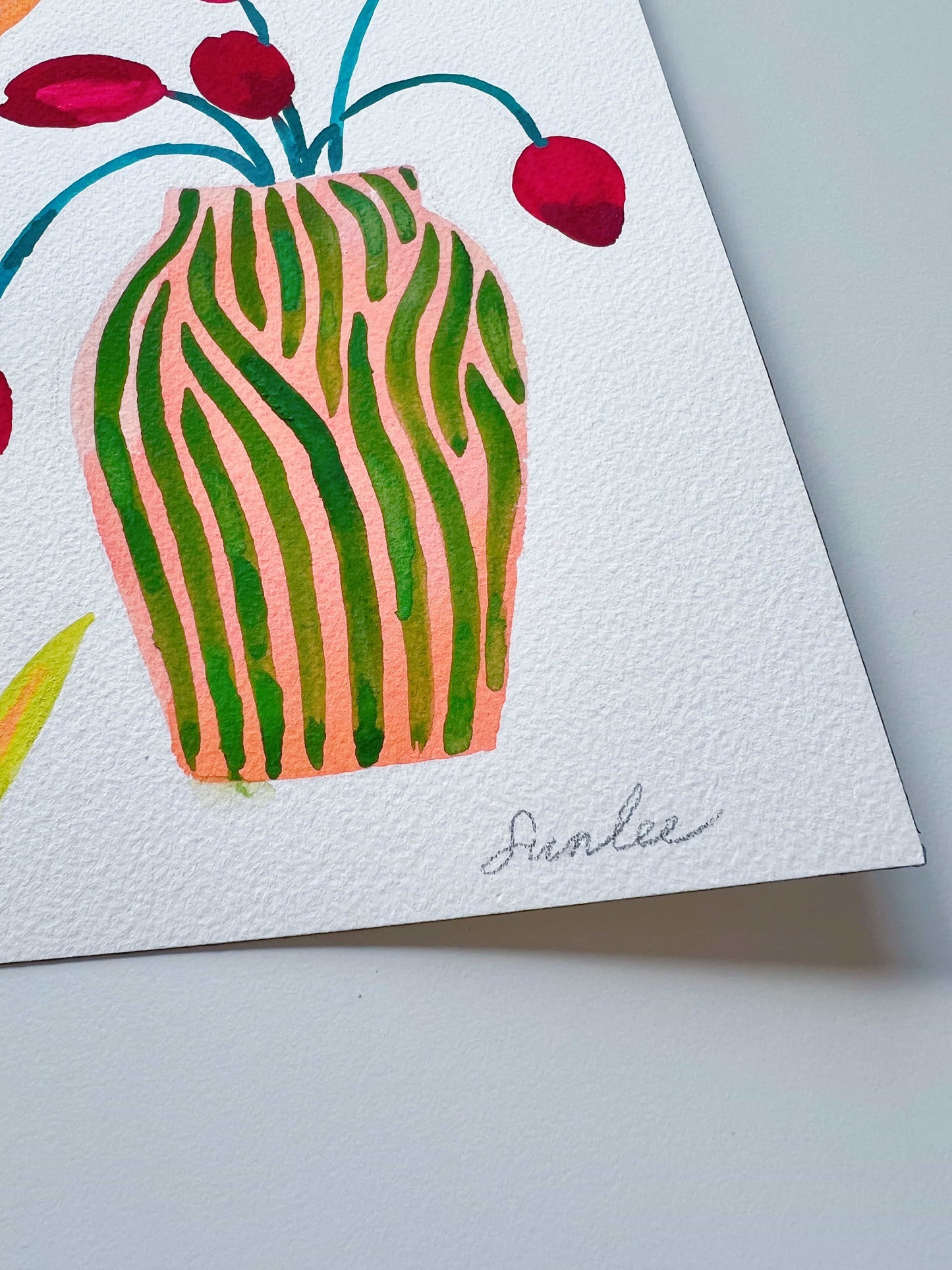 Original gouache, watercolor, and acrylic painting by Sun Lee from the 'Whispers of Spring' collection. This vibrant piece features a whimsical depiction of nature with bright flowers, butterflies, and birds, capturing the energy and beauty of spring. Perfect for nature lovers and those seeking aesthetic watercolor and gouache artwork, bringing joy and color to your space.