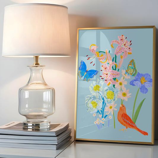 Spring botanical Giclée print featuring delicate flowers, a bird, and butterflies in vibrant seasonal colors.