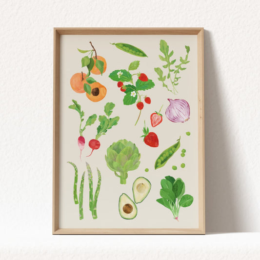 Colorful art print featuring seasonal spring fruits and vegetables in a whimsical botanical style.