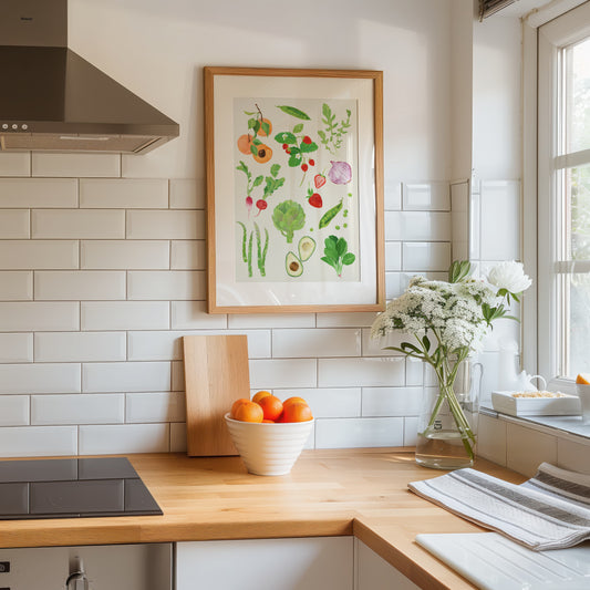 Spring harvest fruits and vegetables art print, perfect for food lovers and kitchen decor.