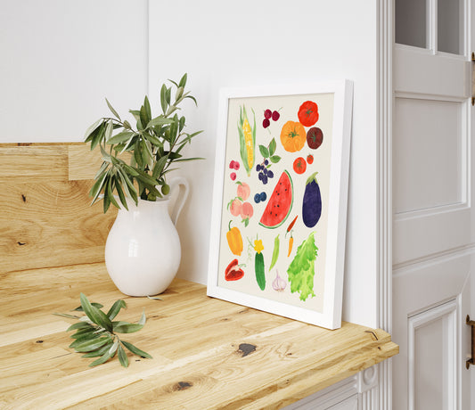 Vibrant summer harvest art print featuring seasonal fruits and vegetables like peaches, watermelon, corn, and tomatoes