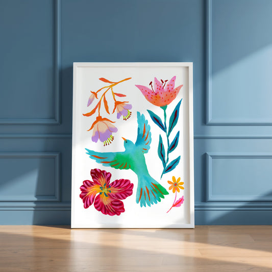 High-quality giclée print by Sun Lee from the "Whispers of Spring" collection, featuring vibrant watercolor and gouache painting of flowers, birds, butterflies, and insects. This aesthetic watercolor artwork brings color, joy, and tranquility to any space. Ideal for modern boho, Scandinavian, nature-inspired, eclectic, and minimalist homes—perfect for nurseries and children's rooms.