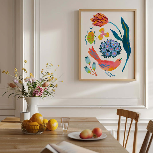 High-quality archival giclée art print by Sun Lee from the "Whispers of Spring" collection, featuring vibrant watercolor and gouache illustration of flowers, birds, and butterflies. Perfect for modern boho, Scandinavian, and nature-inspired homes, as well as eclectic and minimalist spaces. Ideal for nurseries and children's rooms, bringing color, joy, and tranquility to any space.