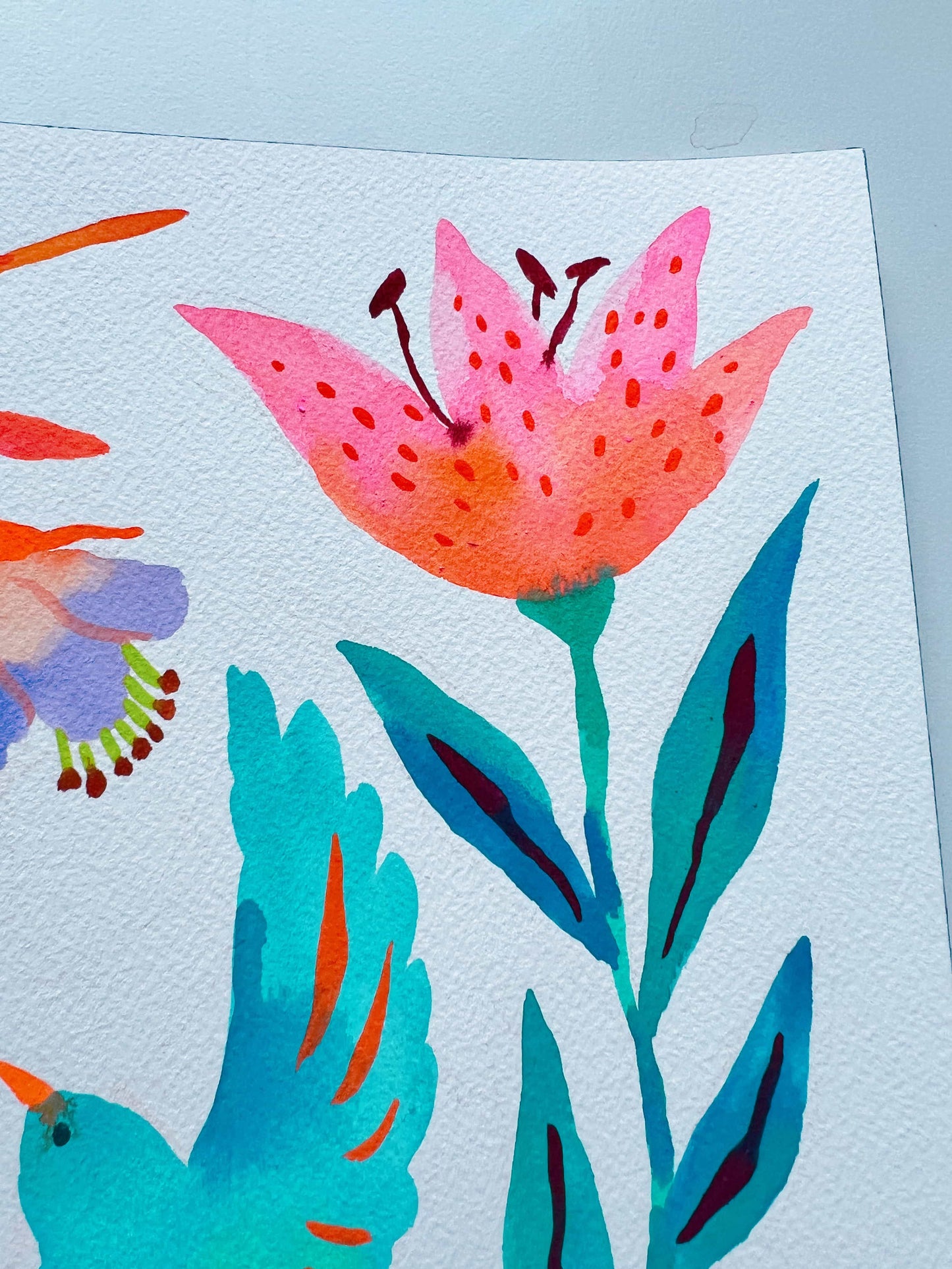 Original gouache, watercolor, and acrylic painting by Sun Lee from the 'Whispers of Spring' collection. This vibrant piece features a whimsical depiction of nature with bright flowers, butterflies, and birds, capturing the energy and beauty of spring. Perfect for nature lovers and those seeking aesthetic watercolor and gouache artwork, bringing joy and color to your space.