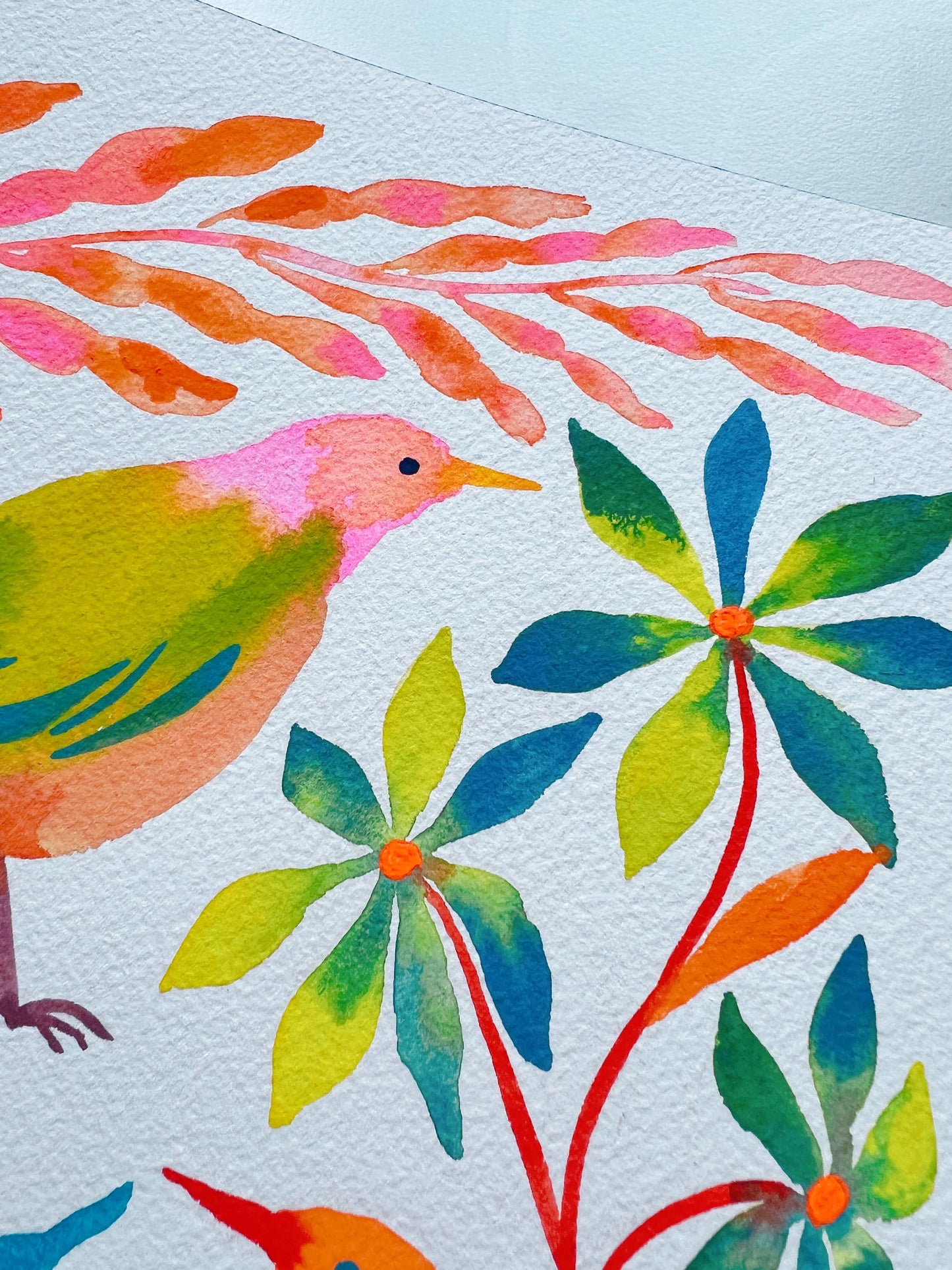 Original gouache, watercolor, and acrylic painting by Sun Lee from the 'Whispers of Spring' collection. This vibrant piece features a whimsical depiction of nature with bright flowers, butterflies, and birds, capturing the energy and beauty of spring. Perfect for nature lovers and those seeking aesthetic watercolor and gouache artwork, bringing joy and color to your space.