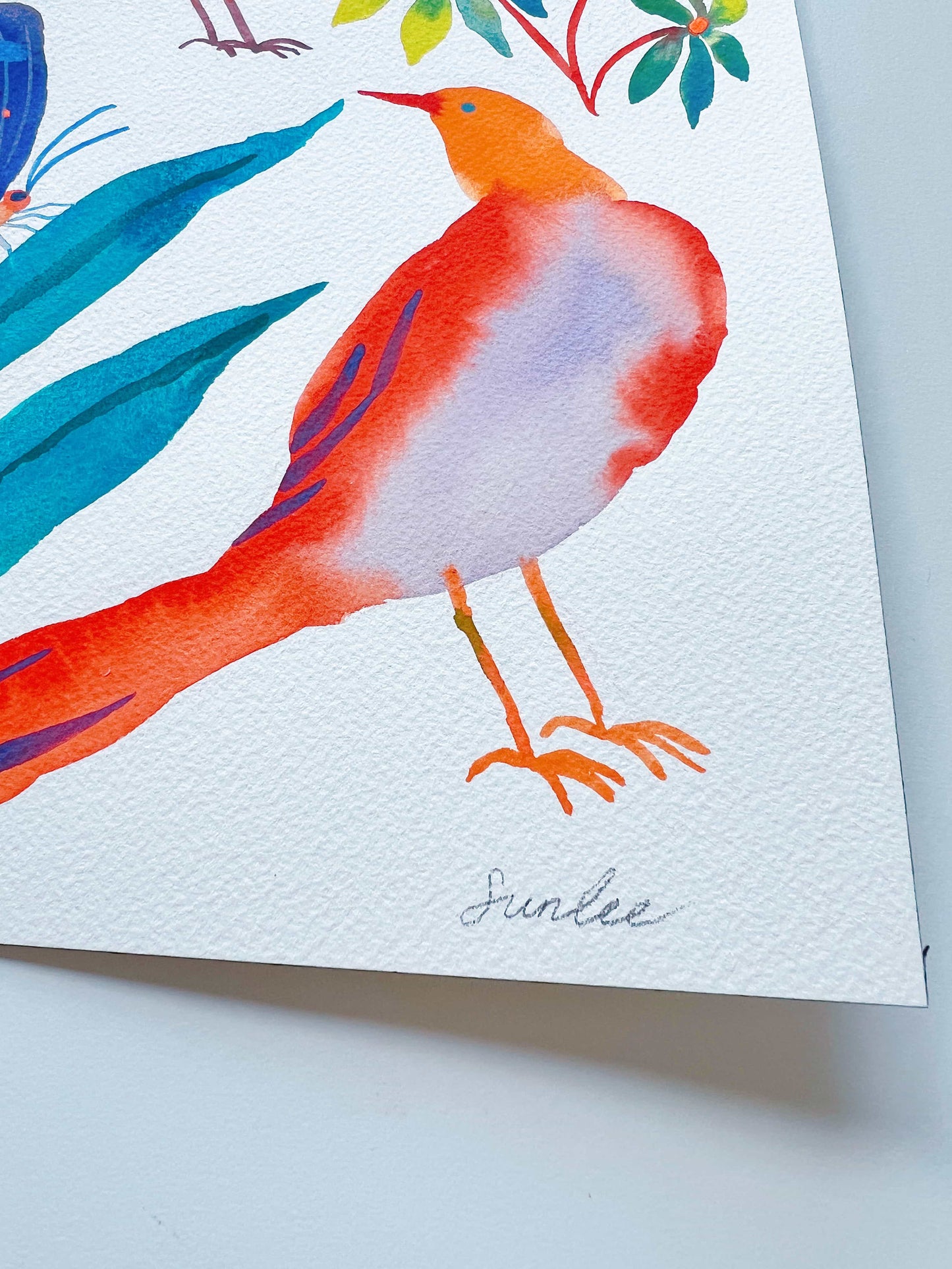 Original gouache, watercolor, and acrylic painting by Sun Lee from the 'Whispers of Spring' collection. This vibrant piece features a whimsical depiction of nature with bright flowers, butterflies, and birds, capturing the energy and beauty of spring. Perfect for nature lovers and those seeking aesthetic watercolor and gouache artwork, bringing joy and color to your space.