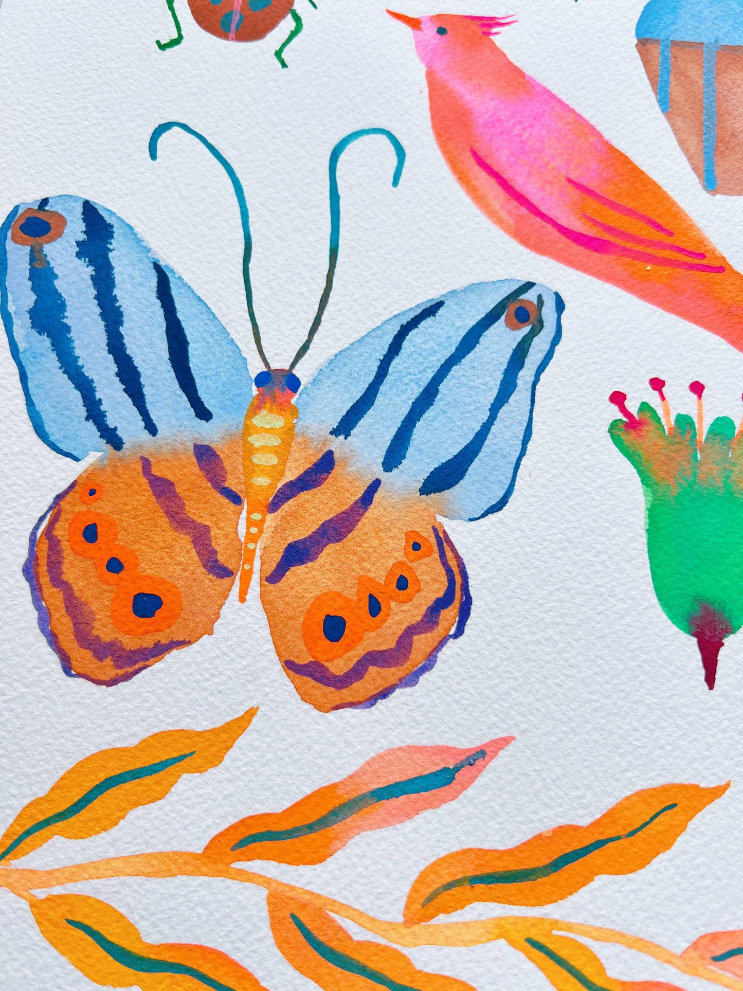 Original gouache, watercolor, and acrylic painting by Sun Lee from the 'Whispers of Spring' collection. This vibrant piece features a whimsical depiction of nature with bright flowers, butterflies, and birds, capturing the energy and beauty of spring. Perfect for nature lovers and those seeking aesthetic watercolor and gouache artwork, bringing joy and color to your space.