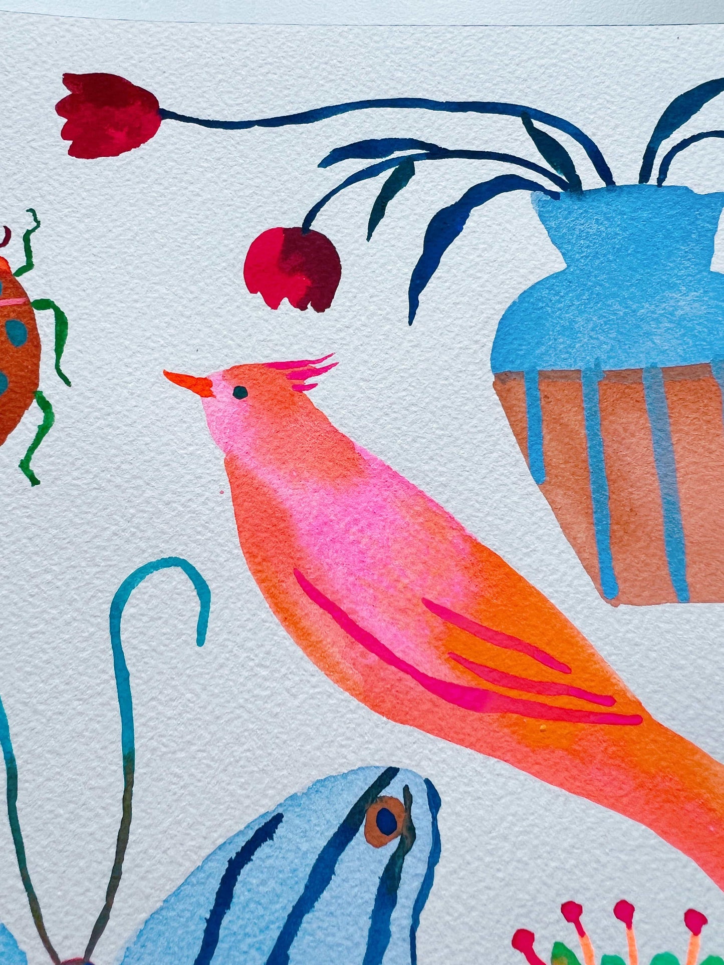 Original gouache, watercolor, and acrylic painting by Sun Lee from the 'Whispers of Spring' collection. This vibrant piece features a whimsical depiction of nature with bright flowers, butterflies, and birds, capturing the energy and beauty of spring. Perfect for nature lovers and those seeking aesthetic watercolor and gouache artwork, bringing joy and color to your space.