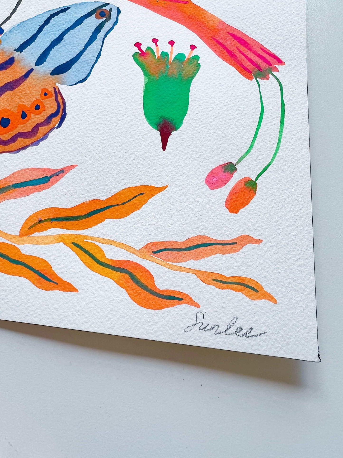 Original gouache, watercolor, and acrylic painting by Sun Lee from the 'Whispers of Spring' collection. This vibrant piece features a whimsical depiction of nature with bright flowers, butterflies, and birds, capturing the energy and beauty of spring. Perfect for nature lovers and those seeking aesthetic watercolor and gouache artwork, bringing joy and color to your space.