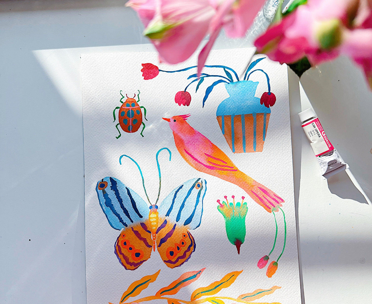 Original gouache, watercolor, and acrylic painting by Sun Lee from the 'Whispers of Spring' collection. This vibrant piece features a whimsical depiction of nature with bright flowers, butterflies, and birds, capturing the energy and beauty of spring. Perfect for nature lovers and those seeking aesthetic watercolor and gouache artwork, bringing joy and color to your space.