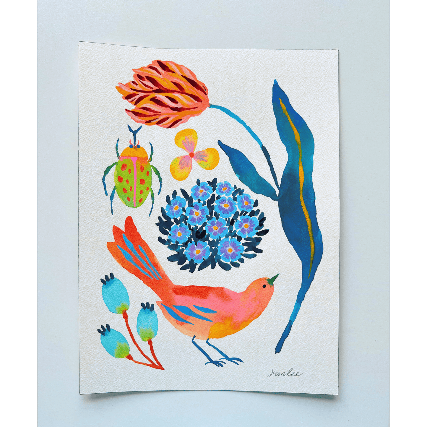 Original watercolor painting by Sun Lee from the 'Whispers of Spring' collection. This vibrant piece features a whimsical depiction of nature with bright flowers, butterflies, and birds, capturing the energy and beauty of spring.