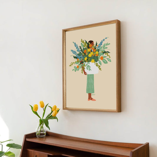 Colorful illustration of a woman holding a flower pot – bright, joyful art print that brings an uplifting atmosphere to any space